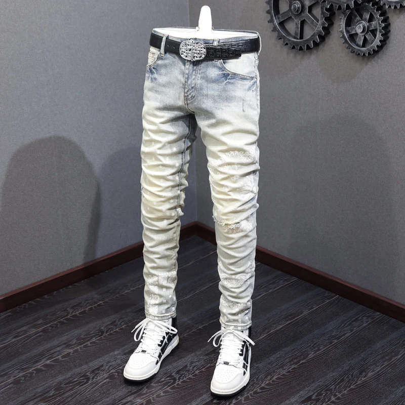 High Street Fashion Men Jeans Retro Yellow Blue Elastic Hole Skinny Ripped Jeans Men Printed Designer Hip Hop Brand Pants Hombre