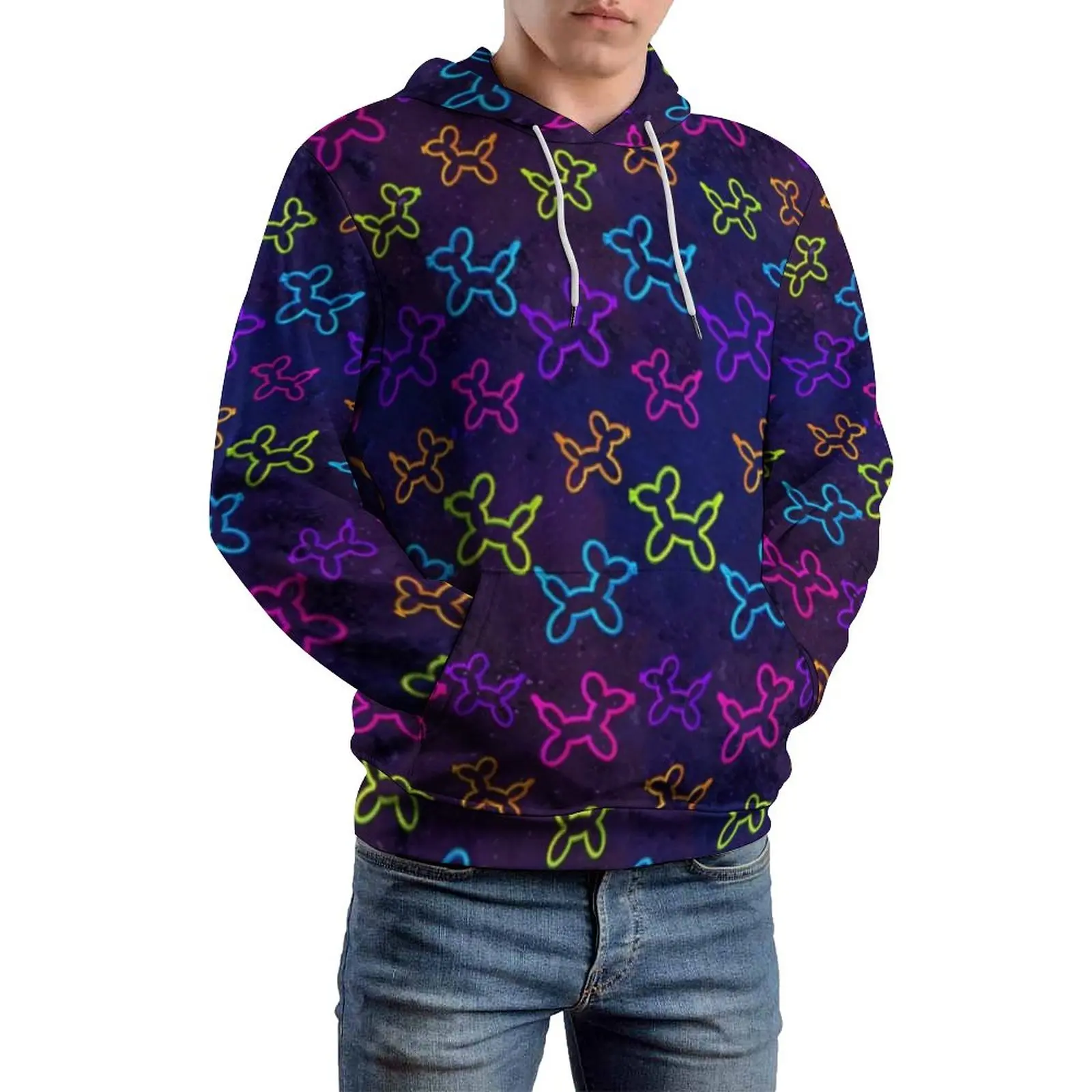 

Neon Balloon Dogs Loose Hoodies Cartoon Animal Print Street Pullover Hoodie Men Long Sleeve Pretty Hooded Sweatshirts Plus Size