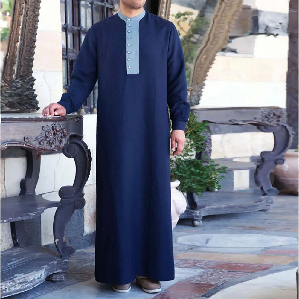 

2022 New Middle East Ramadan Ethnic Style Navy Button Decoration Fashion Casual Muslim Men's Robe