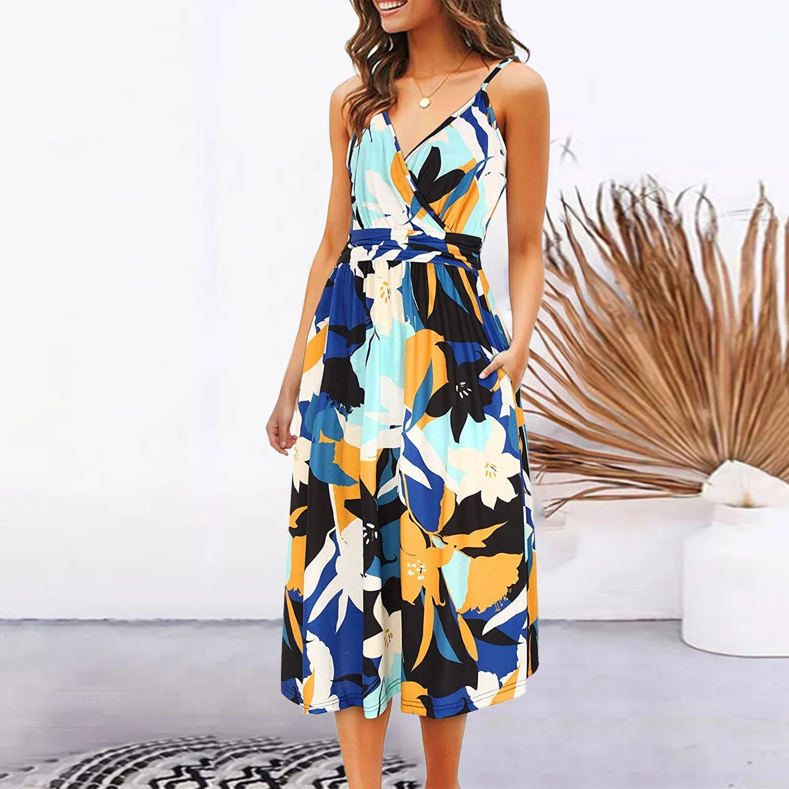 

Sexy Backless Spaghetti Floral Midi Dress Women Summer Printed Slim Sleeveless V-Neck A Line Flare Sundress Casual Robe 2022