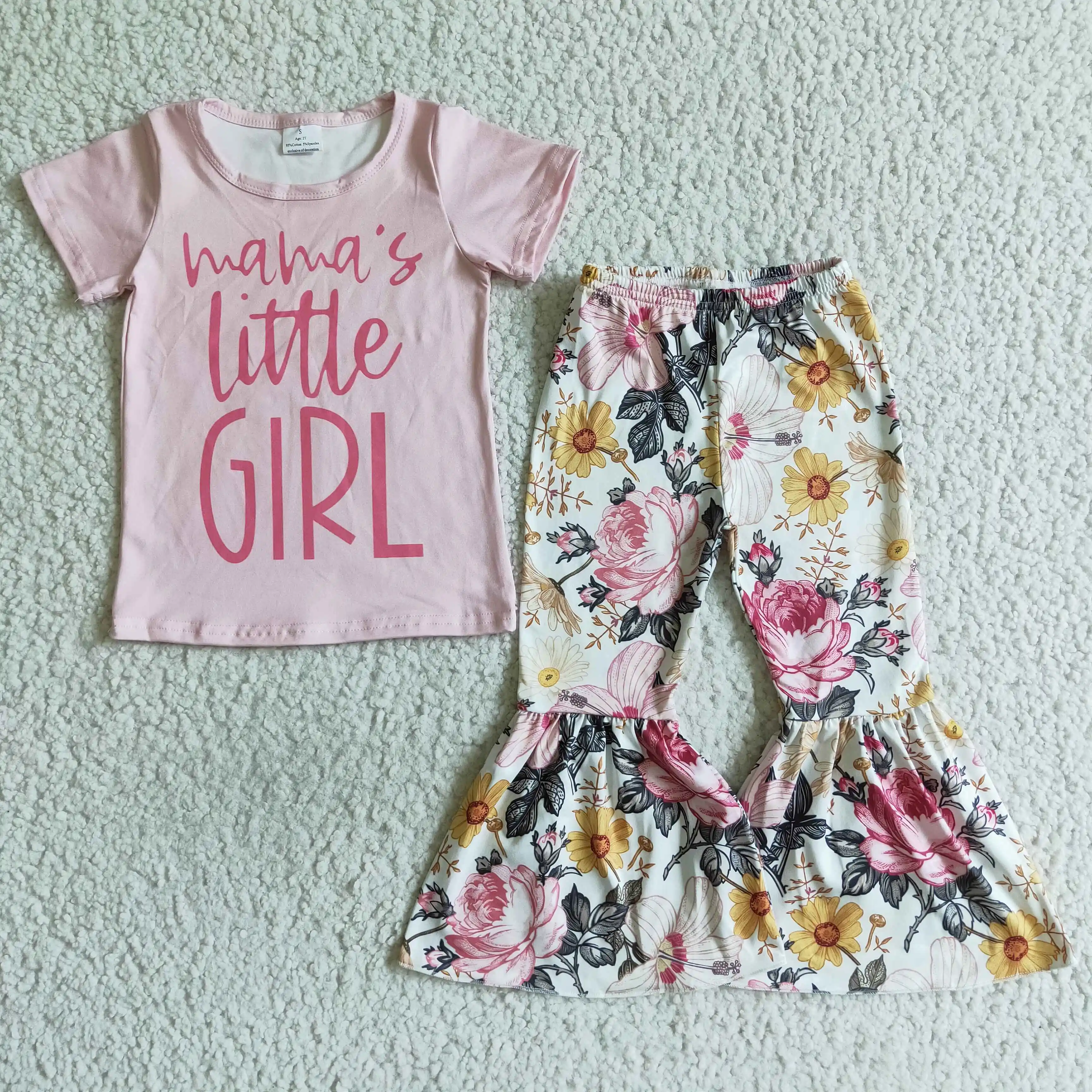 

hot sale fashion boutique spring fall baby girl outfit short sleeve white print top and floral bell bottom pant kids clothing