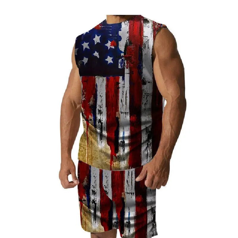 

Men's Sleeveless T-shirt Top With Shorts July 4 Men's Patriotic Sportswear Flag Of The United States Summer Sportswear Two-piece