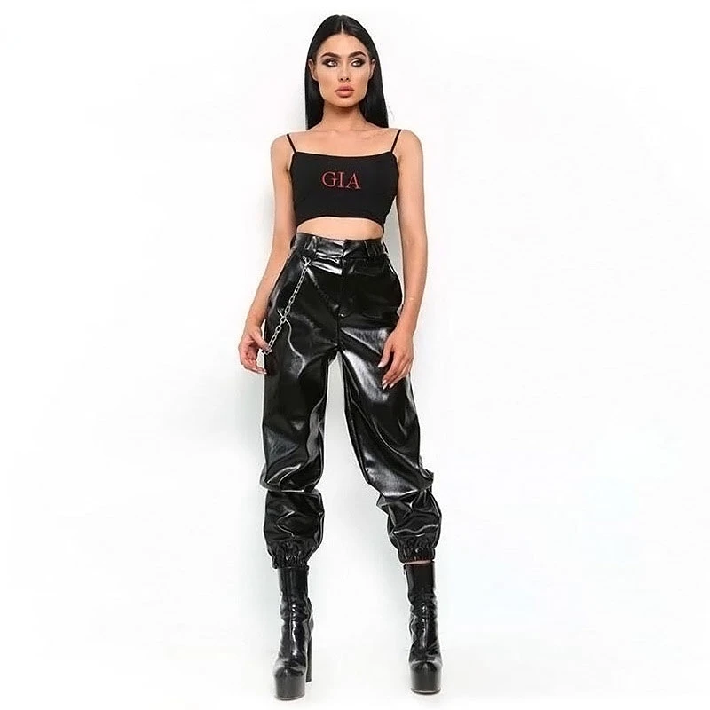 

Gothic Shiny Patent Leather Pants Women High Waist Faux Latex Bloomers Pants With Chain Loose Joggers Trousers Clubwear Custom