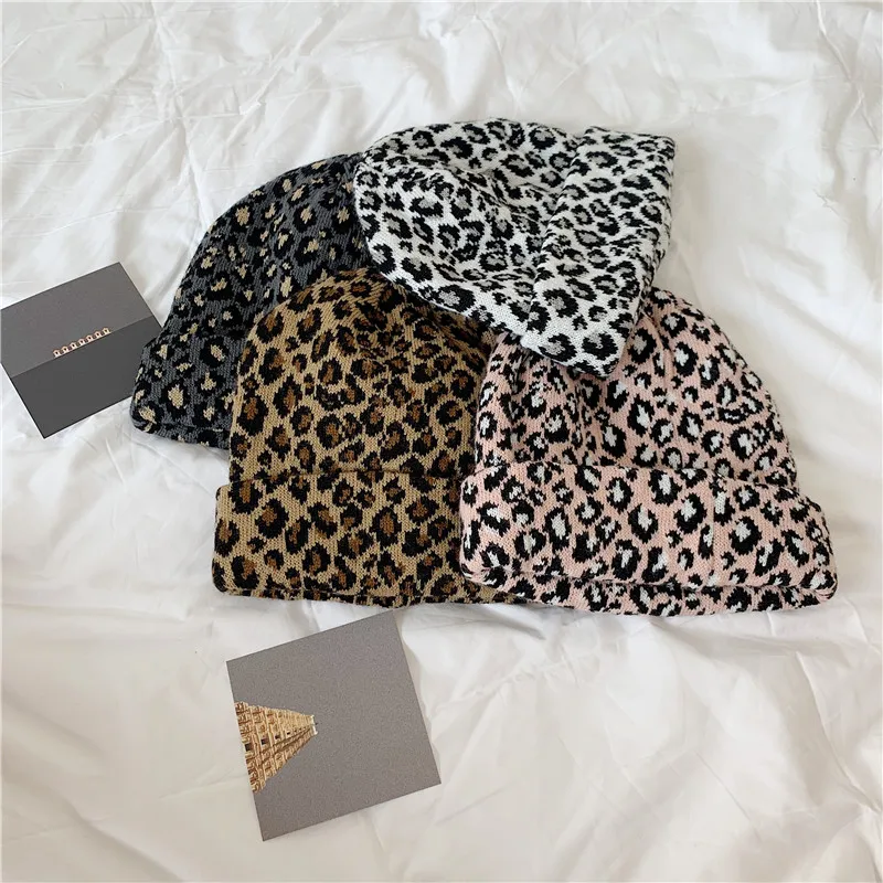 Вязаная Шапка-бини унисекс эластичная шерстяная теплая шапка леопардовой