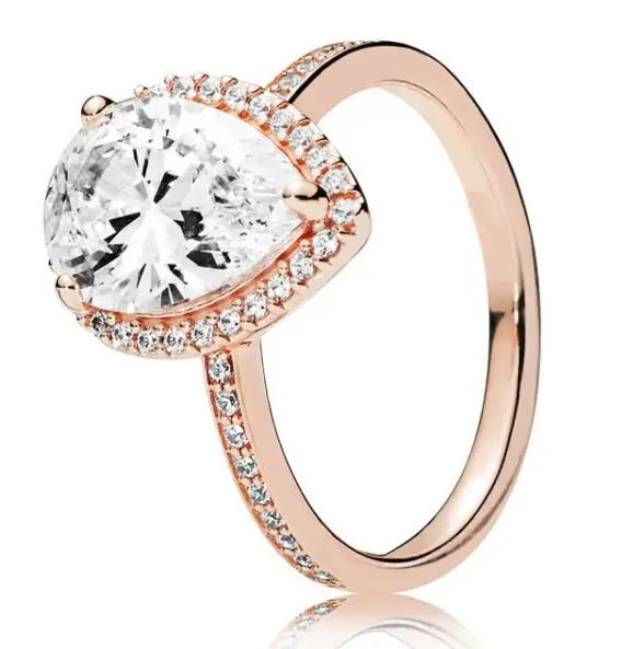 

Authentic 925 Sterling Silver pan Ring Rose Radiant Large TeardroP Crystal Rings For Women Wedding Party Gift Jewelry