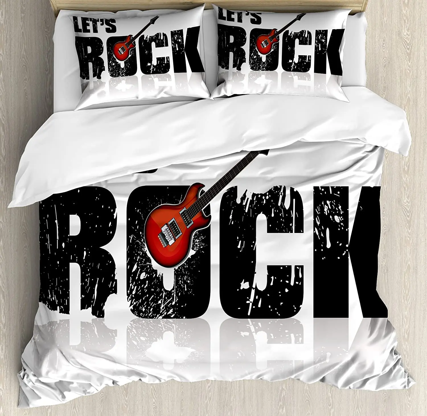

Guitar 3pcs Bedding Set Let's Rock Text with Grunge Looking Colo Duvet Cover Set Bed Set Quilt Cover Pillow Case Comforter Cover