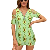 avocado tee shirt fruit cold shoulder zip new fashion lady t shirt casual v neck t shirt
