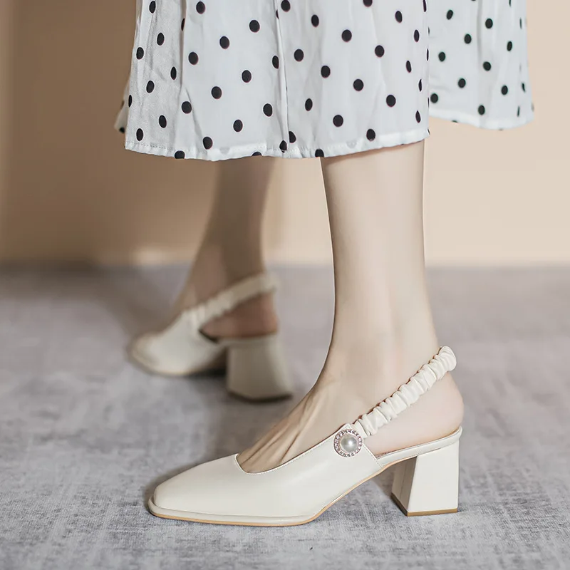 

4.5cm New Fashion Sandals Low Heels Female Elastic Ankle Wrap Square Toe Women Shoes 38 39