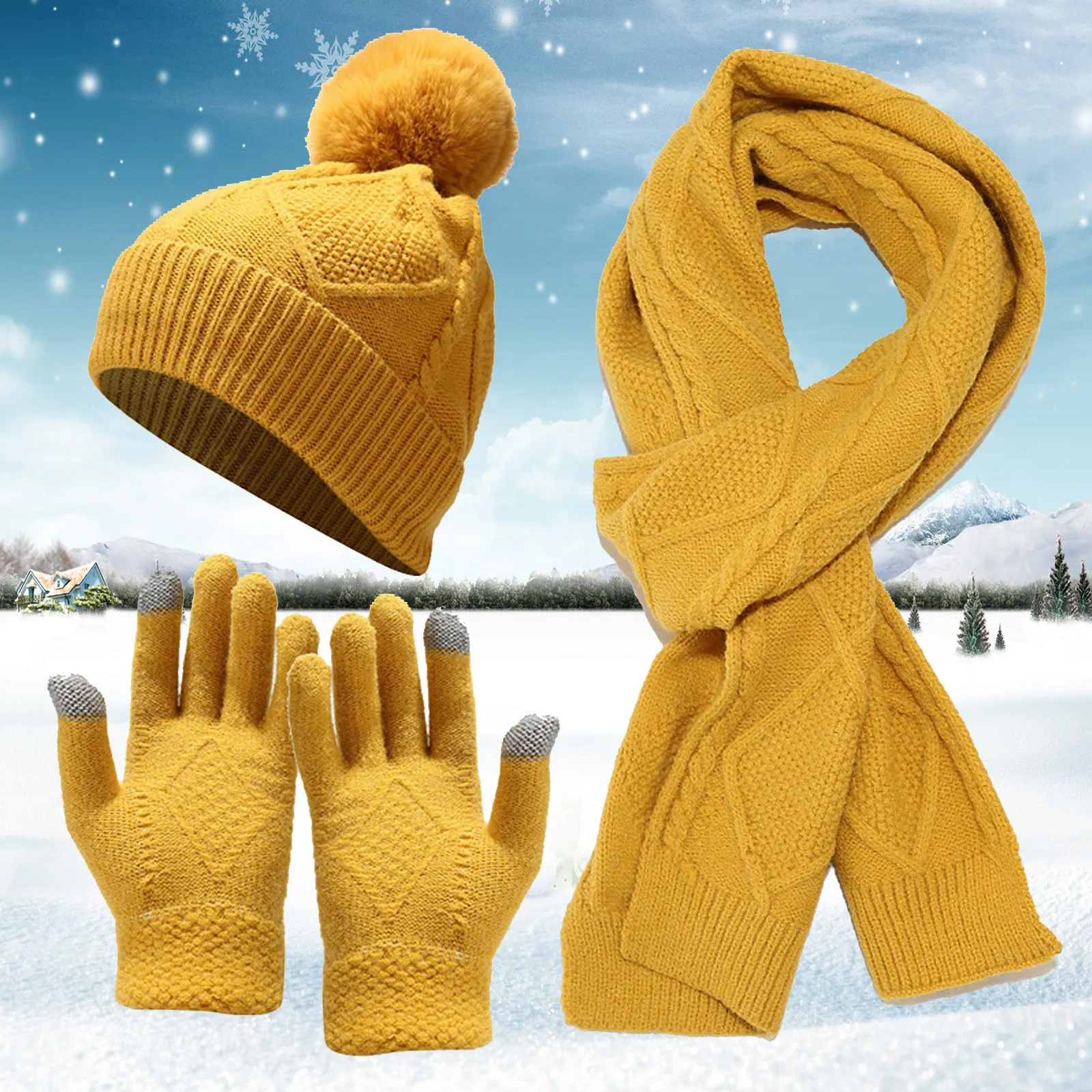 

Winter Thickened Windproof Warmer Hat Scarf Gloves Three Piece Sets Pure Color Simplicity Soft Comfortable 3-Piece Outfits