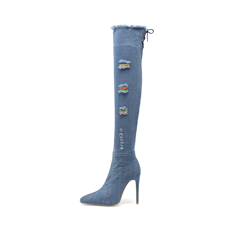 

Женские ботфорты со шнуровкой, длинные сапоги выше колена с острым носком, джинсовые сапоги на очень высоком каблуке, 2023