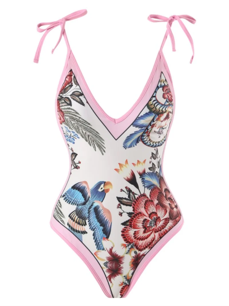 Vintage Women One Piece Swimsuit Deep V Neck Swimwear Cover Up Female Retro Holiday Beachwear Summer Surf Wear Cover-up