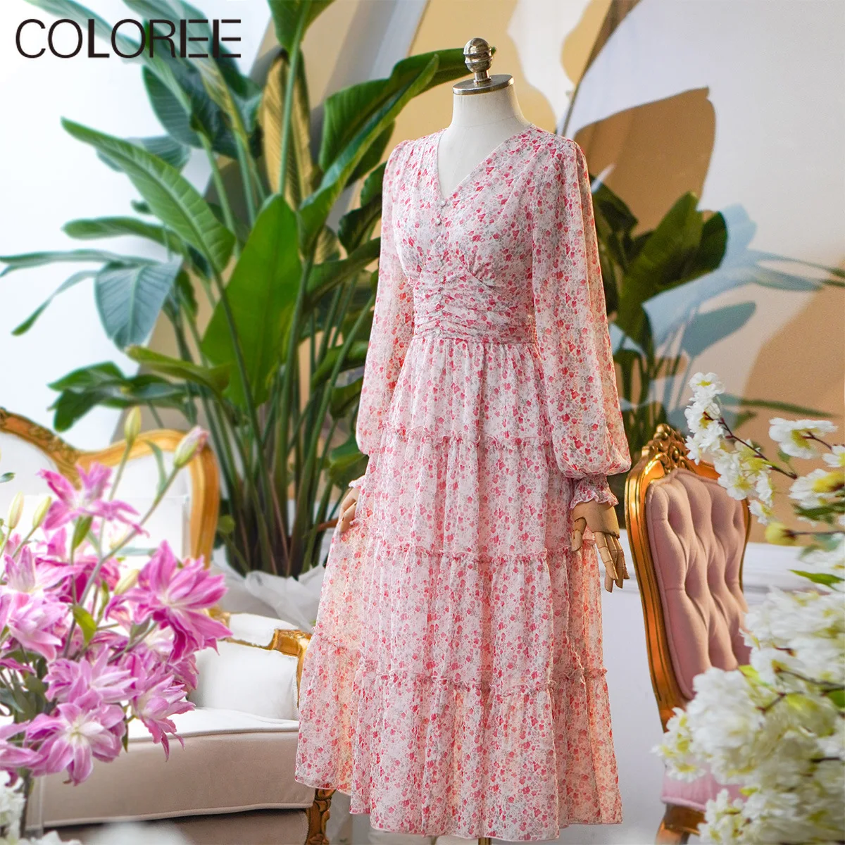 

New Summer Elegant V-neck Long Sleeve Chiffon Maxi Dresses for Women 2022 Sweet Ruffles Pink Printed Dress Female Vestidos