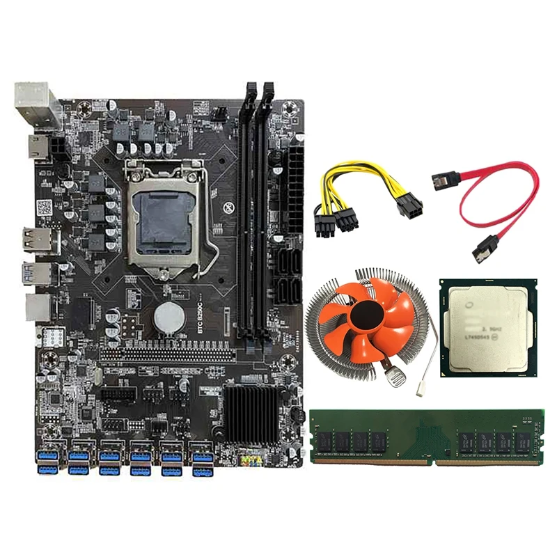 

B250C Mining Motherboard Kit 12 USB3.0 to PCI-E 16X Graphics Slot with G3930/G3900 CPU+CPU Fan+8G DDR4 RAM+Power Cable