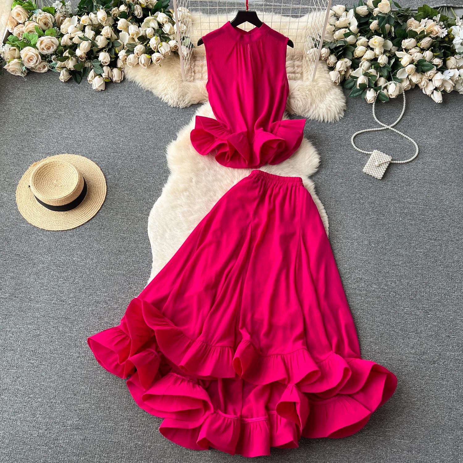 

Clothland High Street Ruffled Two Piece Set Sleeveless Shirt Top Elastic Waist Pleated Skirt Candy Color Sexy Party Suit TA107