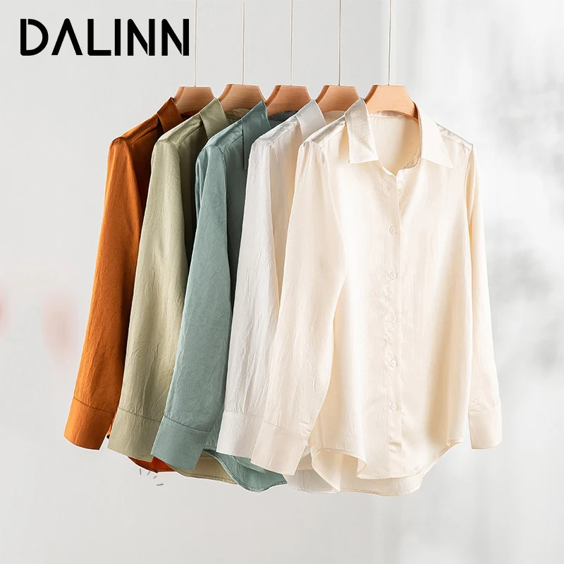 Woman Solid Chic Shirts Long Sleeves 100%Acetate Turn Down Collar Blouses 2023 Spring Summer New Top Beige Green DALINN