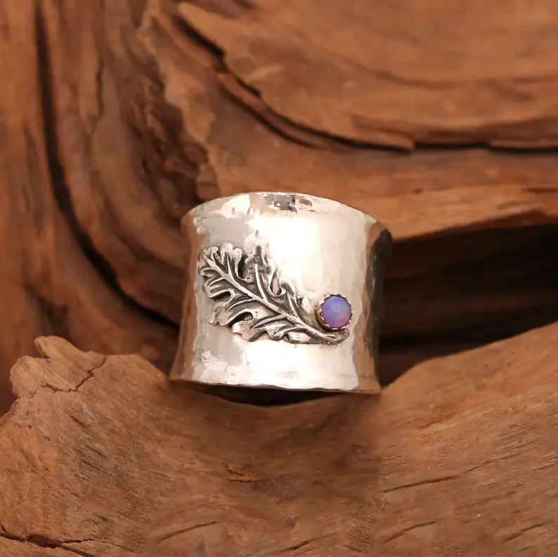 

Wide Band Ring For Women, Oak Leaf Ring Men, Thumb Ring, Nature Jewelry Gifts For Women, Opal Ring