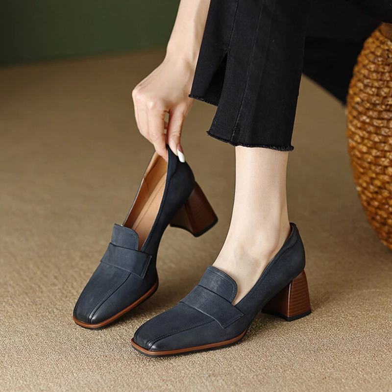 NEW Spring Shoes for Women Genuine Leather Shoes Square Toe Chunky Heel Shoes Slip-On Women Pumps High Heels Simple Ladies Shoes