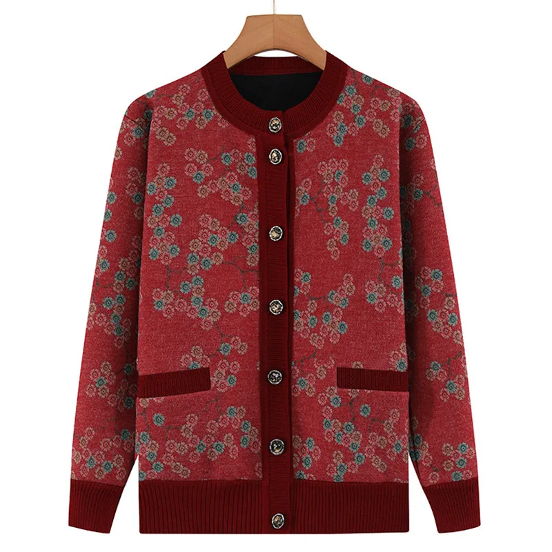 

INS Middle-Aged Elderly Mother Autumn Winter Sweater Plus Velvet Thicken Cardigan Jacket Warm Women Long Sleeve Knitted Top