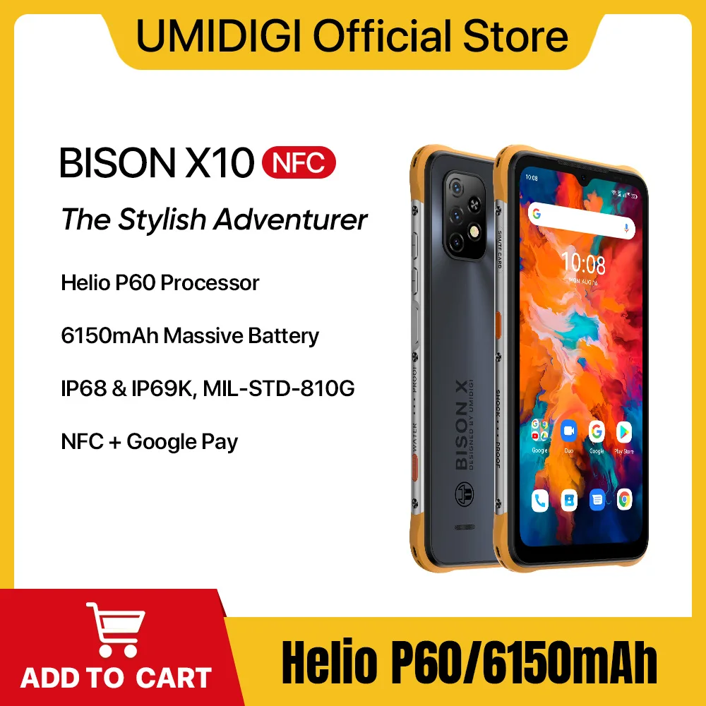 

UMIDIGI BISON X10 IP68 Rugged Android Smartphone NFC 4GB 64GB Helio P60 Octa Core 6.53" HD+ 20MP Triple Camera 6150mAh Cellular