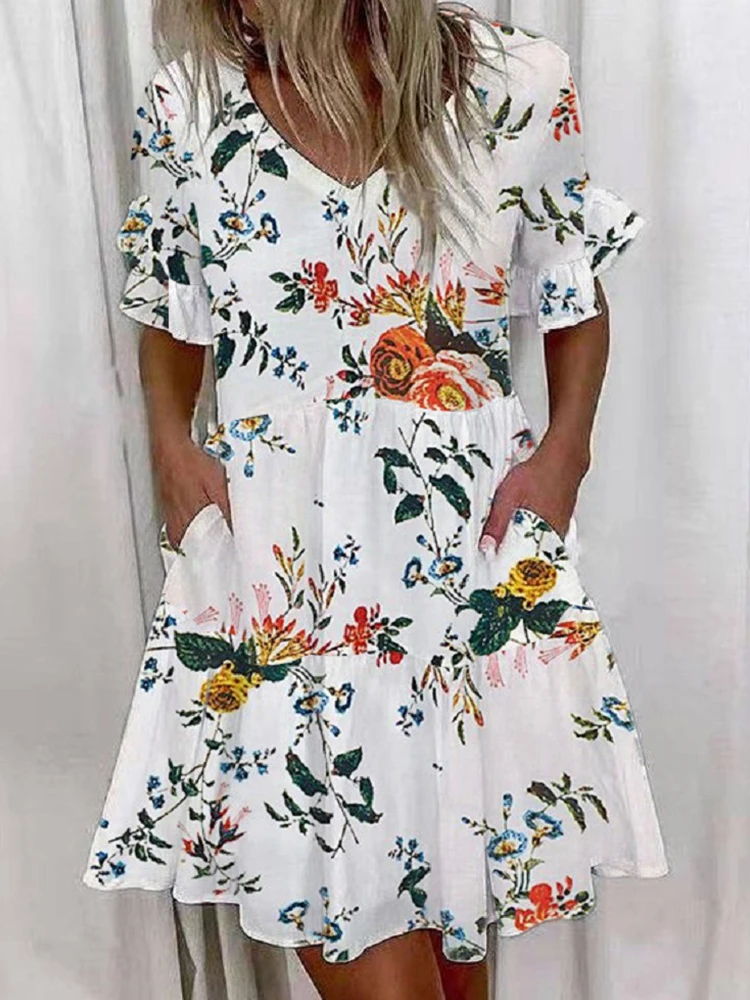 

Женское мини-платье с коротким рукавом, V-образным вырезом и оборками