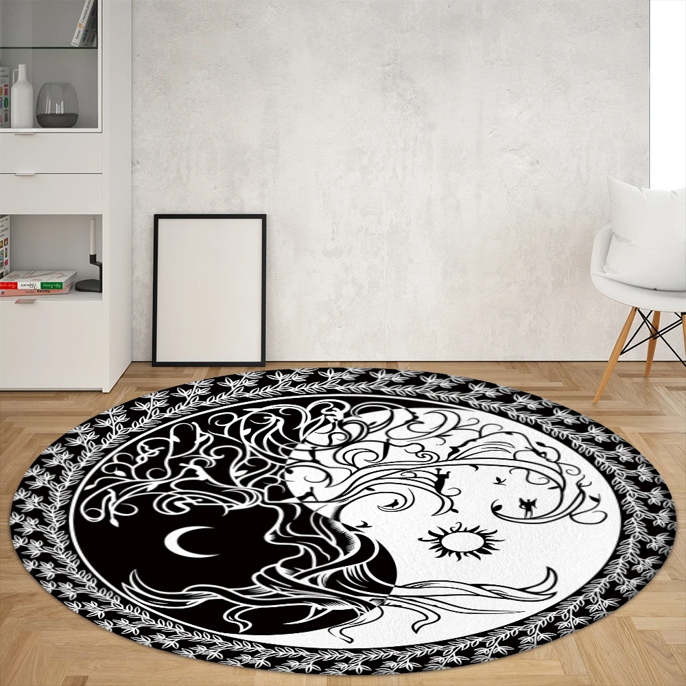 

Черно-белый круглый напольный коврик с рисунком дерева жизни, ковер, украшение для дома, гостиной, напольный коврик, дверной коврик