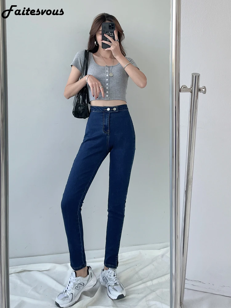Korean Stretch Skinny Jeans Women Fashion High Waist Denim Pants Female Peach Buttocks Slit Tight Jeans