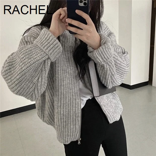 

Zipper Sweater Coat Women's Autumn Lazy Style Sweater Outer Long Sleeved Cardigan Top Rac