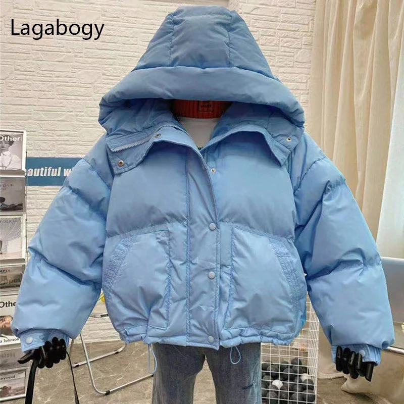 Lagabogy 2022 New Winter Women 90% White Duck Down Coats Casual Candy Color Warm Bread Jackets Female Hooded Loose Snow Outwear