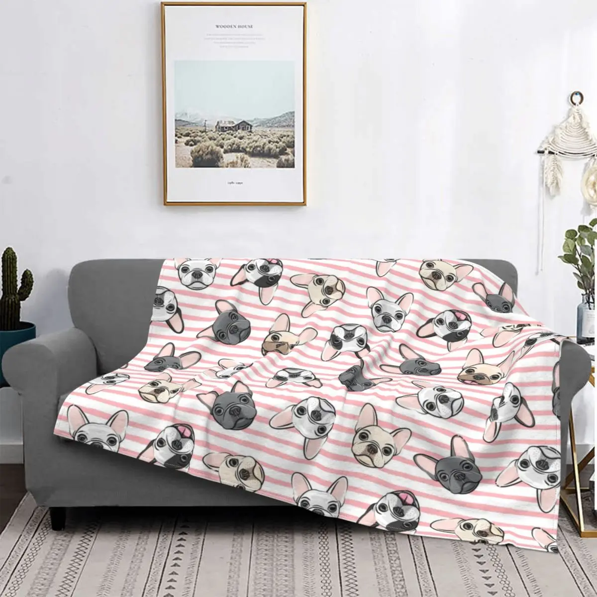 

All The Frenchies Pink Stripes French Bulldog Dog Blanket Coral Fleece All Season Soft Throw Blanket for Bedding Car Bedspread