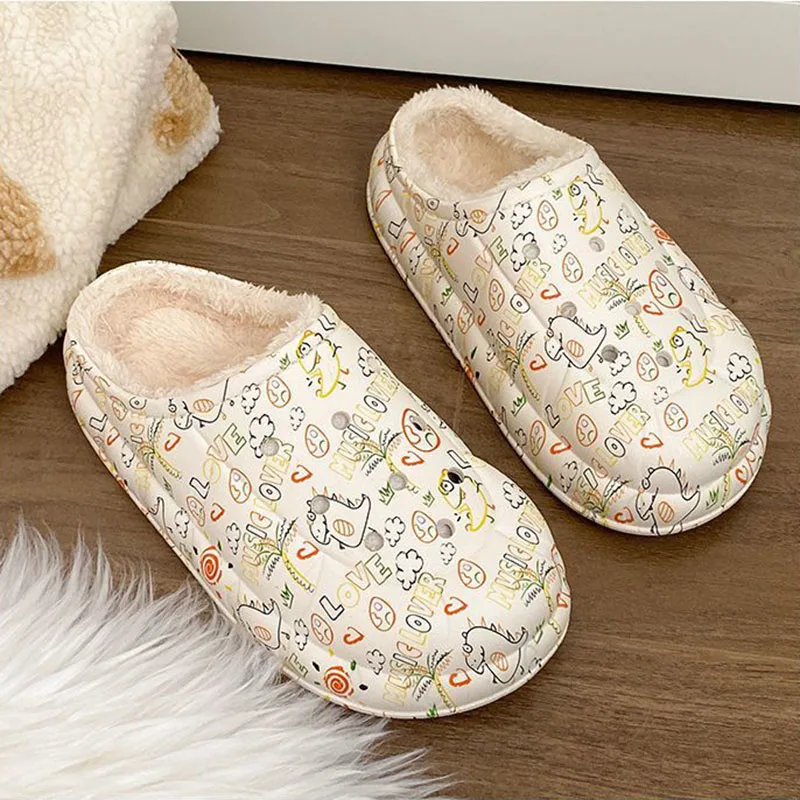 

Тапочки женские зимние хлопковые, водонепроницаемые домашние тапочки на толстой подошве, бархатная Студенческая сумка с граффити, с диноза...