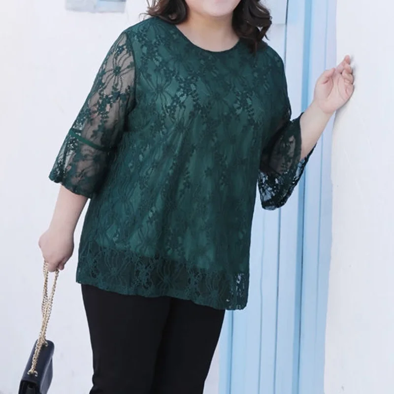 Spring Summer Simplicity Plus Size Hollow Out Women's Top Lace Patchwork Pleated Solid Color Nine Points Sleeve Loose T-Shirt