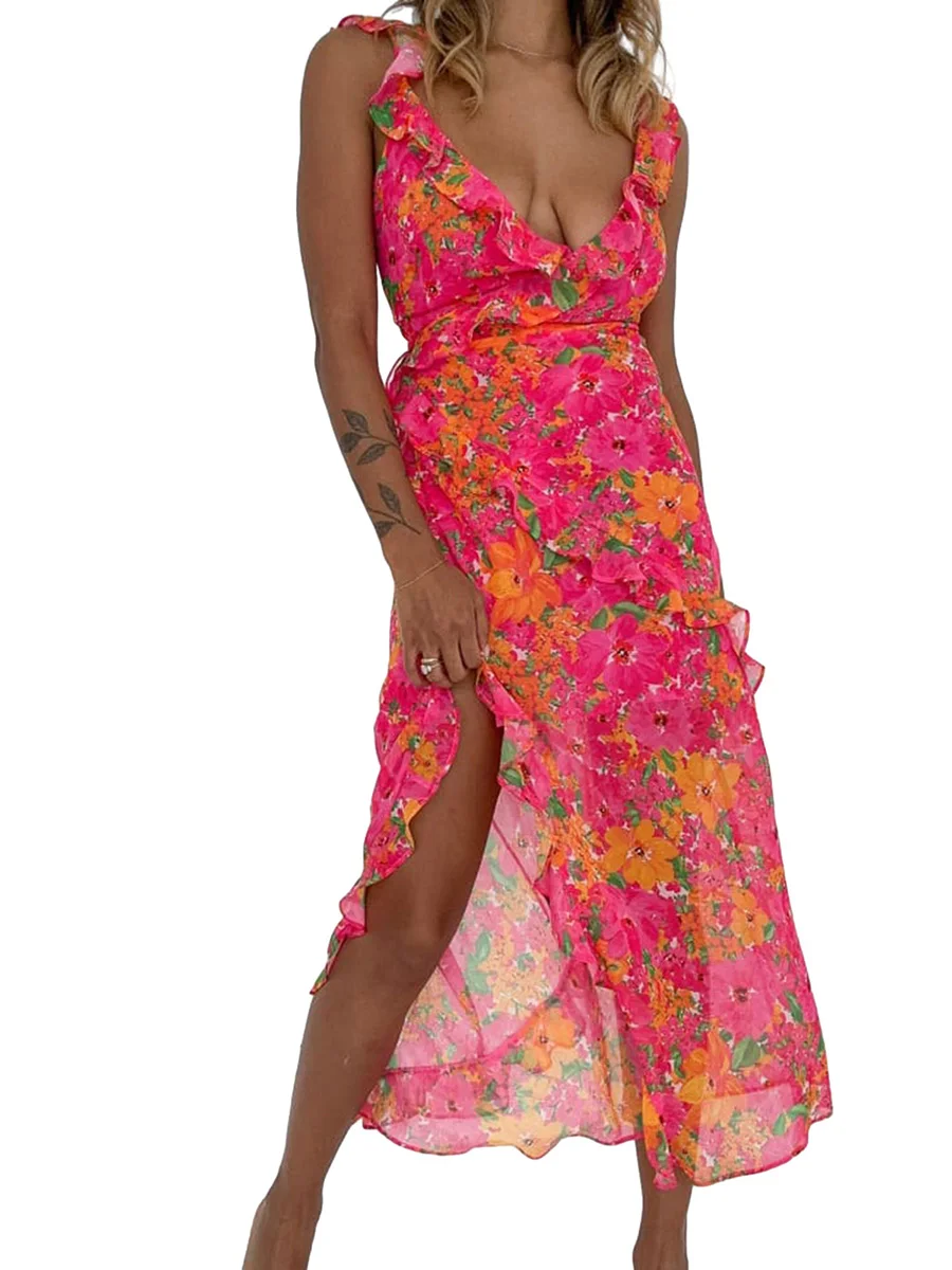 

Женское Макси-платье с открытыми плечами и тропическим принтом, с оборками