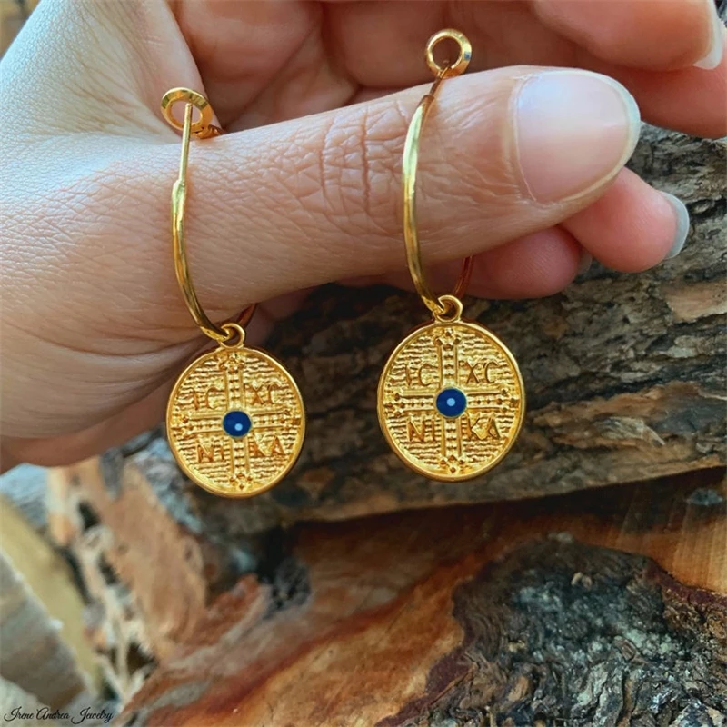

Simple Personality Female Cross Round Earrings Trend Fashion Women Inlaid Blue Gemstone Metal Earrings Gift Jewelry Dropshipping