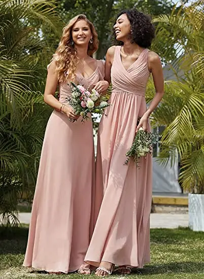 

Women's V Neck Bridesmaid Dress Long Chiffon Pleated Women Formal Evening Party Dresses