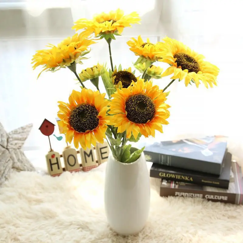 

1 Bouquet 3 heads Fake Flowers Sunflower Floral Wedding Bouquet Party Home Decor florals set Yellow sun flowers artificial sale