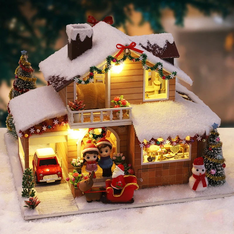 

Christmas Carnival Wooden DIY Doll House European Snow Manor With Furniture Miniature Dollhouse Model For Kids Adult Gift