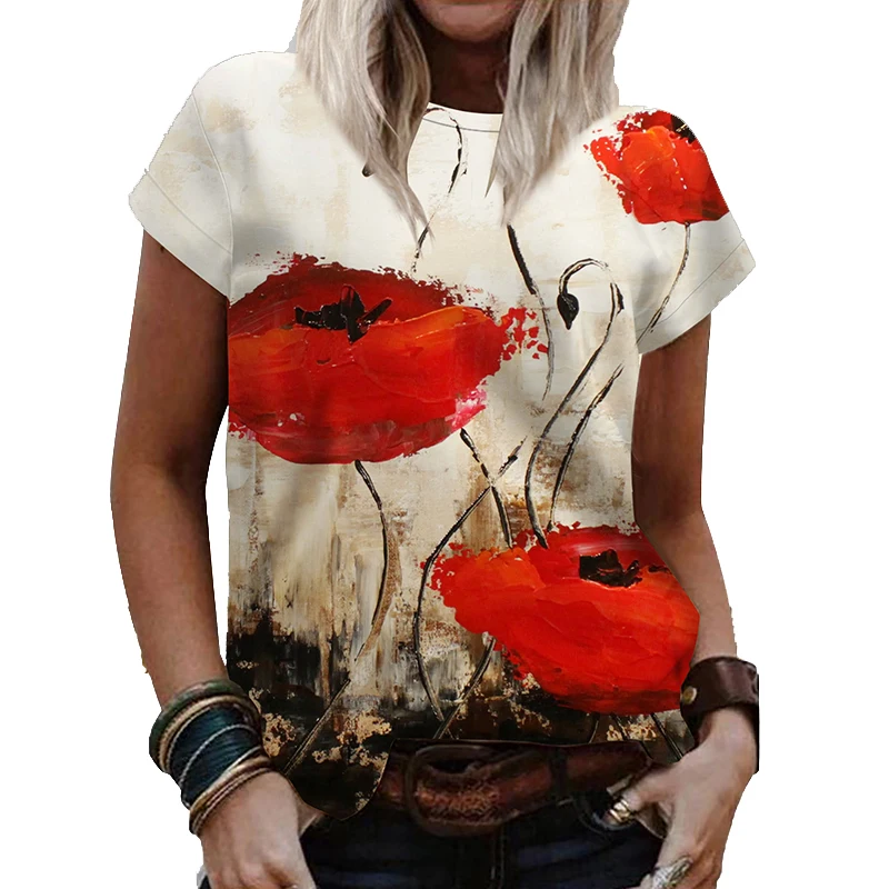 

New Fashion Summer Casual Ladies Flower Print Short-sleeved Beautiful Oil Painting Flower Ladies Pattern Blouse T-shirt