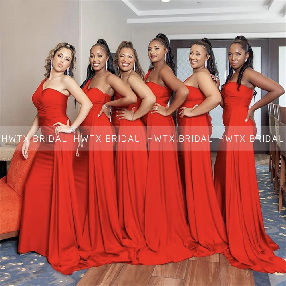 Элегантные красные длинные платья подружки невесты с юбкой-годе и боковым