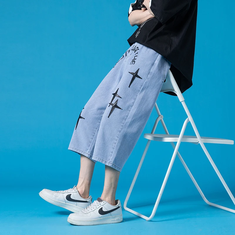 

Summer Calf Length Jeans Pants for Mens Cross Printed Simple Streetwear Teenage Straight Leg Baggy Denim Shorts Casual Trousers