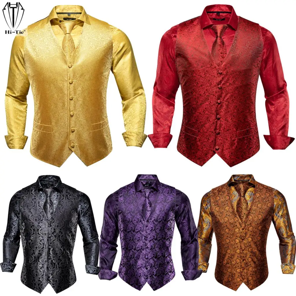 Hi-Tie роскошные шелковые мужские жилеты рубашки набор жаккард золото Пейсли жилет