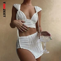 tnnzeet jacquard knitted white two piece sets split mini skirts crop top sexy summer beach vacation outfits for women streetwear