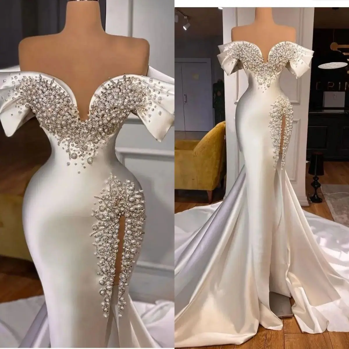 

Handwork Heavy Pearls Beading Mermaid Wedding Dresses Chapel Train Vestido Festa Luxo Real Photo Satin Side Split Bridal Gowns