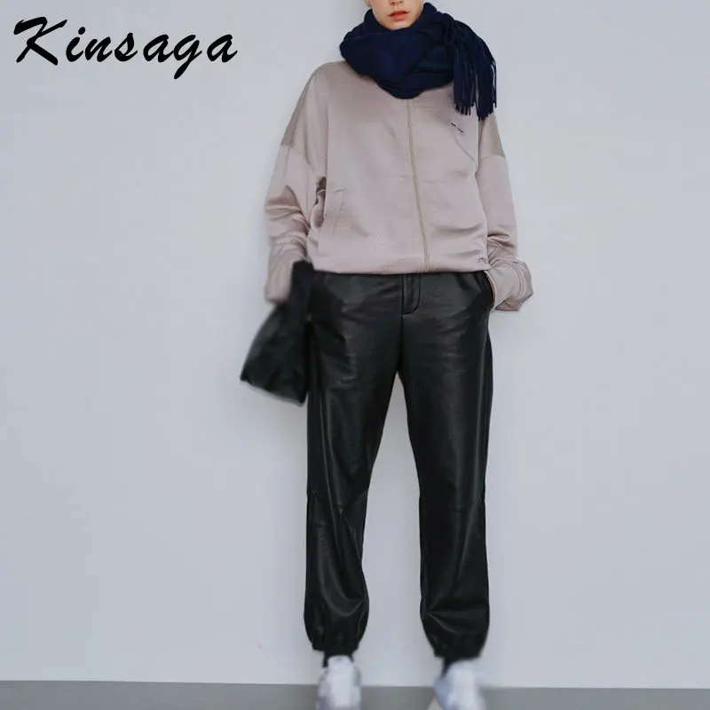 

Streetwear Y2k Elastic Waist Women Leather Pants Office Lady Loose Pu Leather Harem Pant Casual Straight Ankle Length Trousers