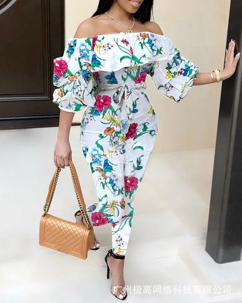 

Off Shoulder Floral Print Lantern Sleeve Jumpsuit Women Overall Pants High Waist Spring Summer Sexy Bodycon Jumpsuits