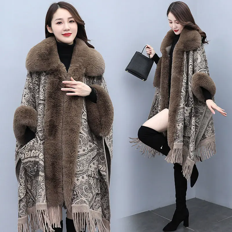 

Autumn Winter Poncho Women Jacket Jacquard Splicing Imitation Faux Fox Fur Collar Shawl Cloak Woolen Coats Women's Clothing E586