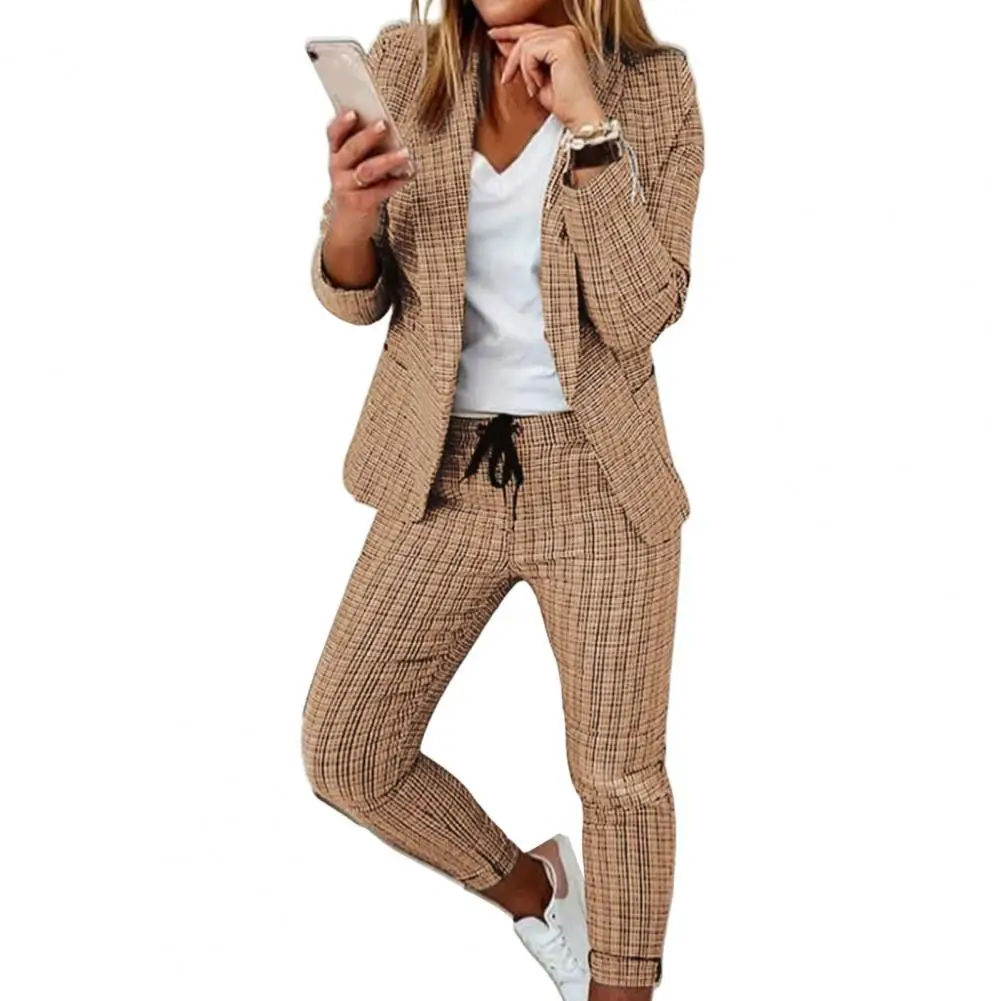 

Женский комплект из блейзера и брюк, кардиган, облегающий деловой пиджак с длинным рукавом и клетчатым принтом до щиколотки на завязках, кос...