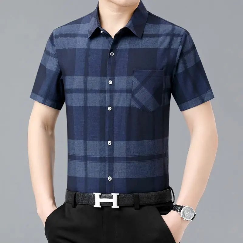 

Summer Men Fashion Business Plaid Shirt Korean Streetwear New Casual Loose Anti-Wrinkle Button Pocket Thin Short Sleeve Tops