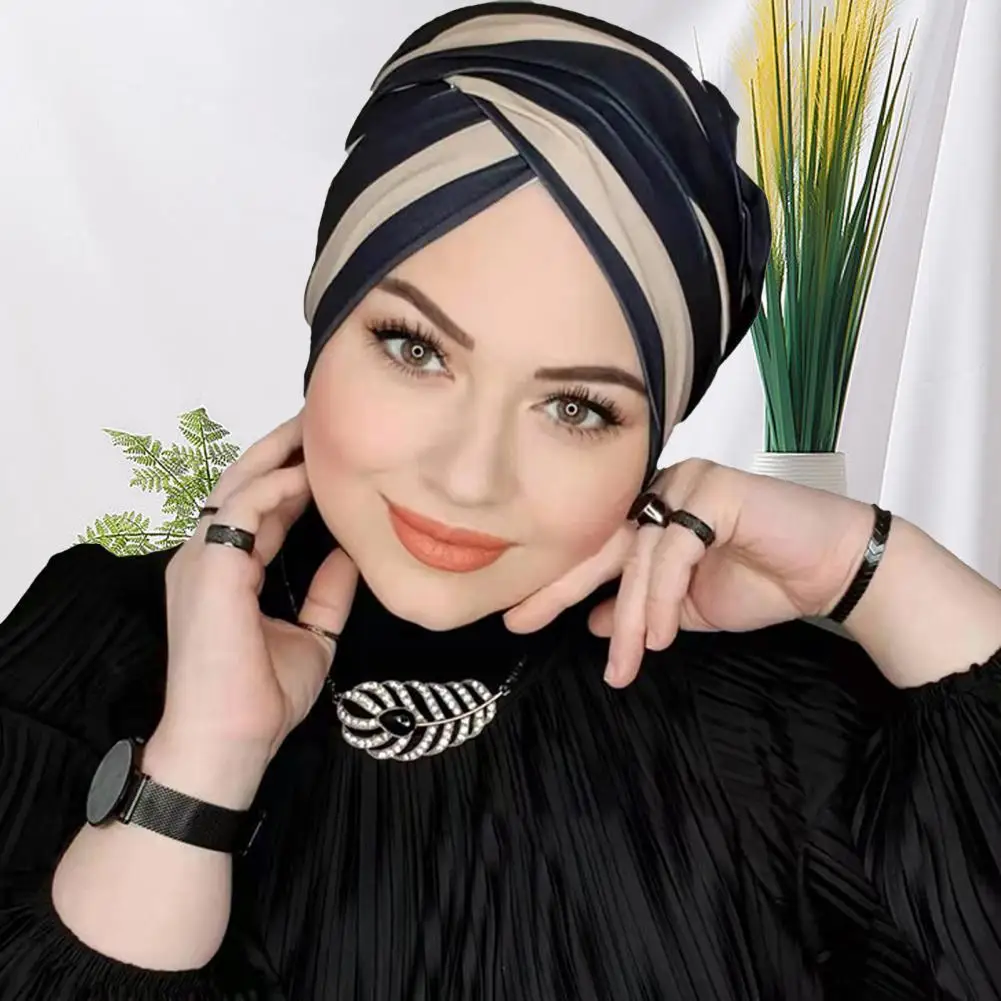 

Head Scarf Contrast Color Women Bonnet Reusable Retro Head Scarf