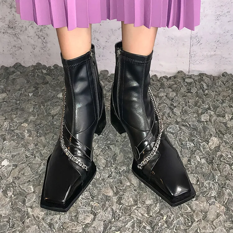 

British Design Women Black Riding Boots Square Toe Chains Decor Autumn Ankle Botas Side Zipper Winter Knight Botines Femmes