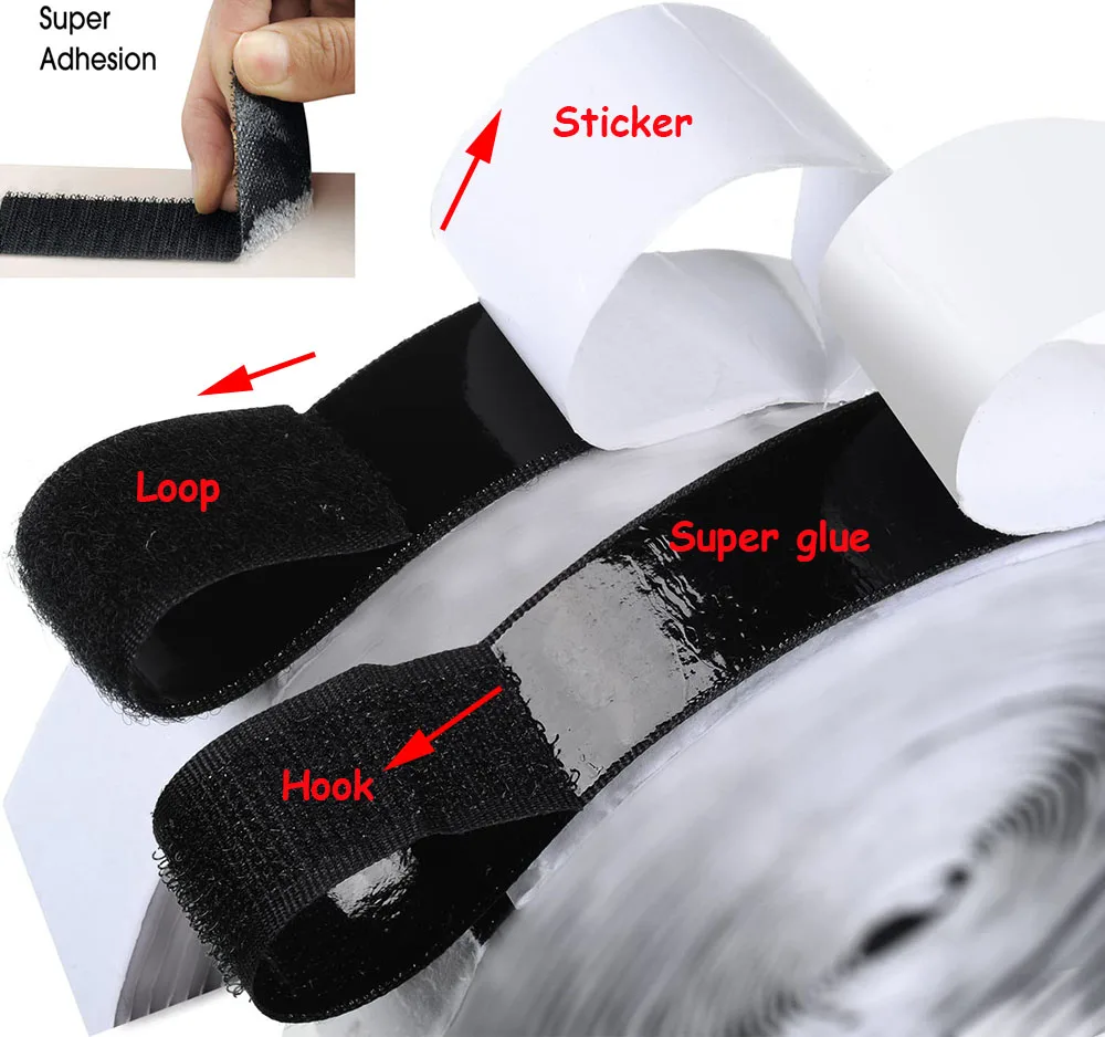 5M Length Strong Self-adhesive Fastener Tape Hook and Loop Black White Nylon Sticker Magic with Strong Glue 16-50MM